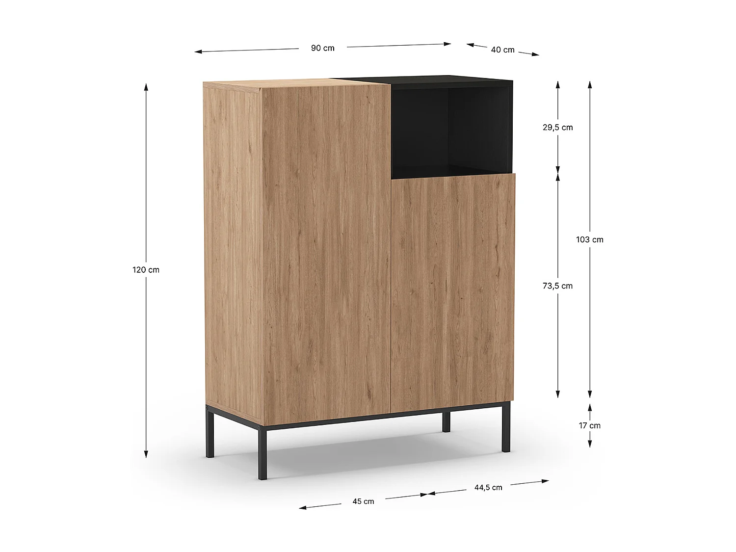 Buffet, meuble de rangement aspect bois coloris naturel et noir avec 2 portes, pieds en métal coloris noir - Longueur 90 x Profondeur 40 x Hauteur 120 cm