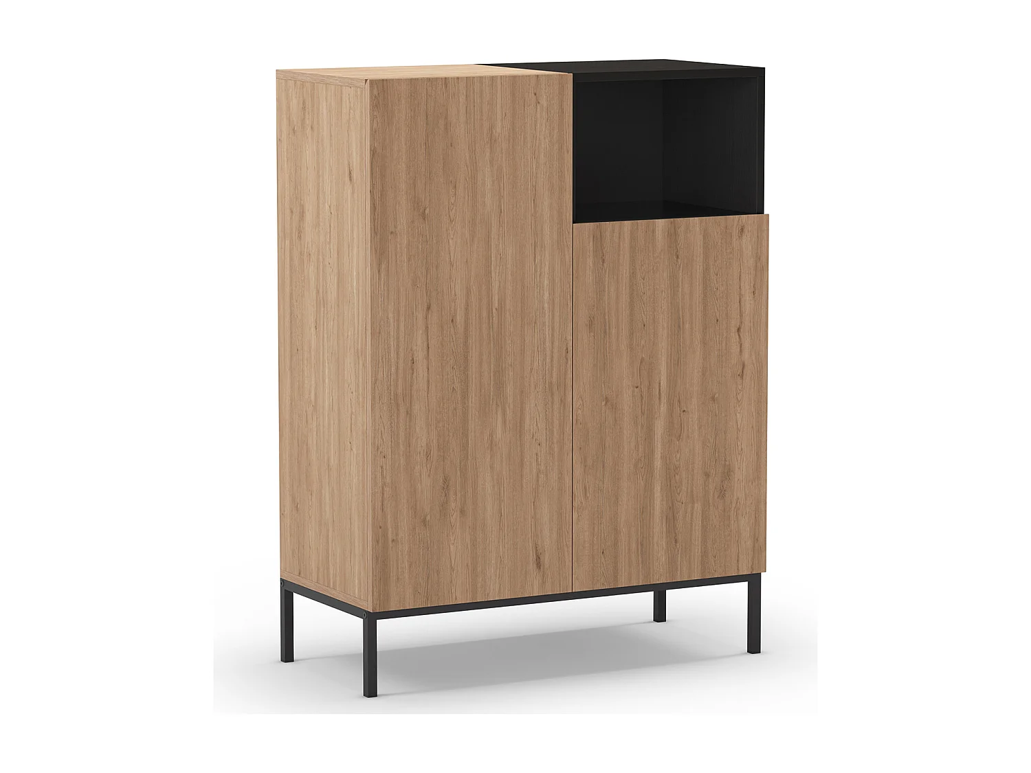 Buffet, meuble de rangement aspect bois coloris naturel et noir avec 2 portes, pieds en métal coloris noir - Longueur 90 x Profondeur 40 x Hauteur 120 cm