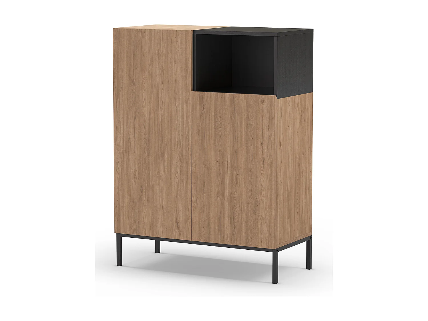 Buffet, meuble de rangement aspect bois coloris naturel et noir avec 2 portes, pieds en métal coloris noir - Longueur 90 x Profondeur 40 x Hauteur 120 cm