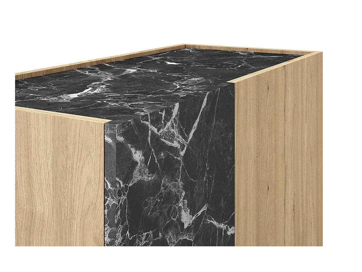 Buffet, meuble de rangement aspect bois avec 2 portes coloris naturel et effet marbre noir - Longueur 90 x Profondeur 41,8 x Hauteur 127 cm