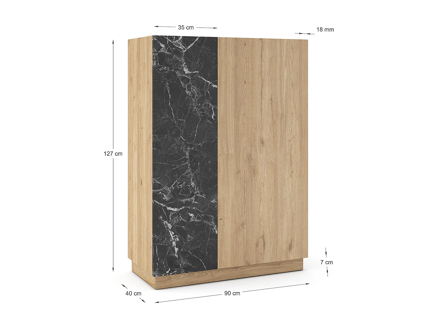 Buffet, meuble de rangement aspect bois avec 2 portes coloris naturel et effet marbre noir - Longueur 90 x Profondeur 41,8 x Hauteur 127 cm