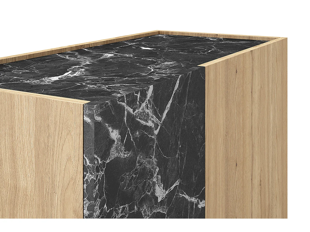 Buffet, meuble de rangement aspect bois avec 2 portes coloris naturel et effet marbre noir - Longueur 90 x Profondeur 41,8 x Hauteur 127 cm