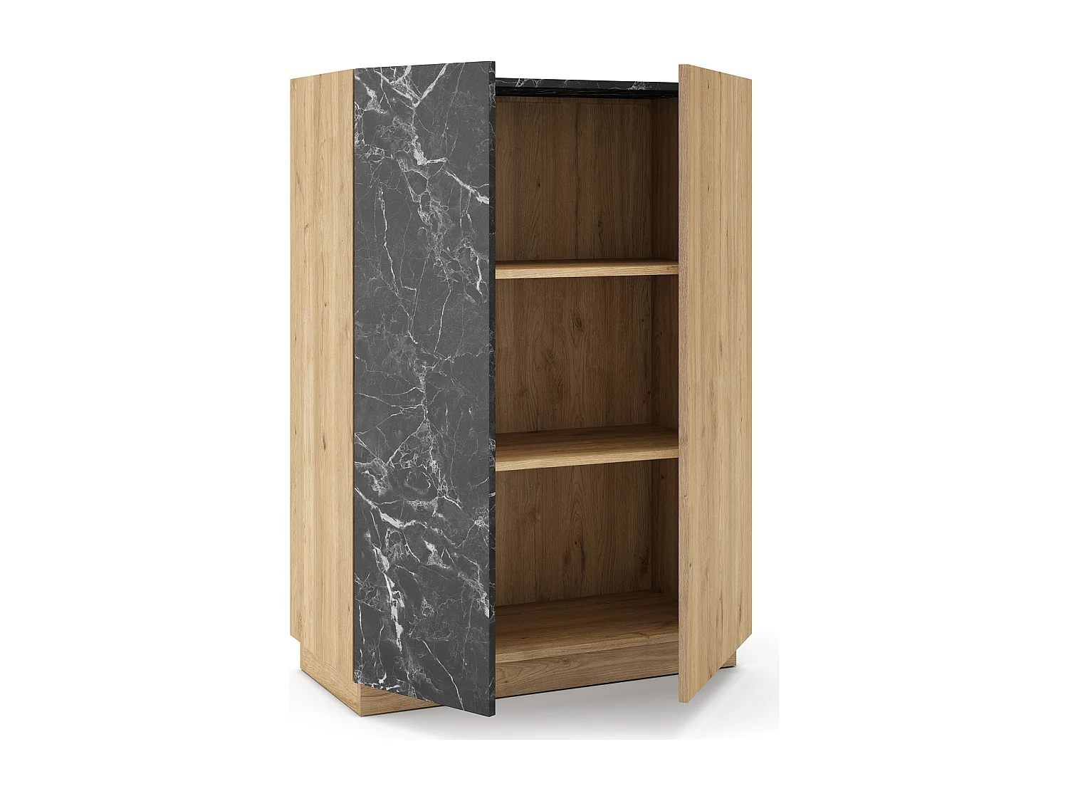 Buffet, meuble de rangement aspect bois avec 2 portes coloris naturel et effet marbre noir - Longueur 90 x Profondeur 41,8 x Hauteur 127 cm