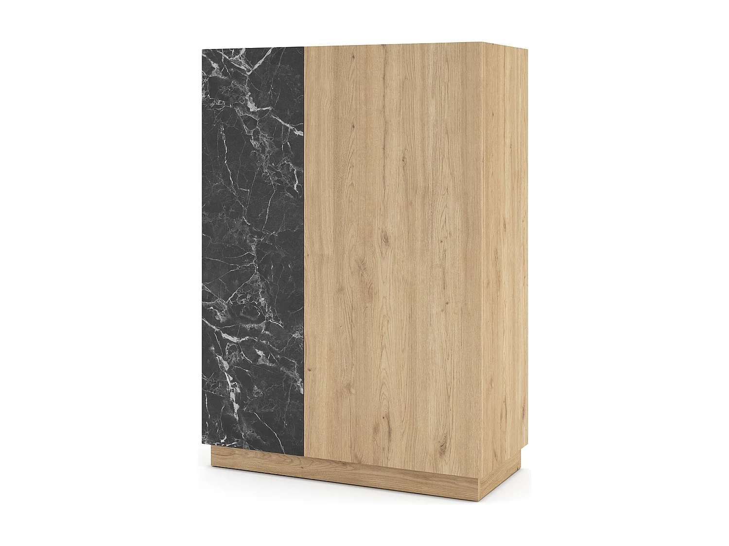 Buffet, meuble de rangement aspect bois avec 2 portes coloris naturel et effet marbre noir - Longueur 90 x Profondeur 41,8 x Hauteur 127 cm