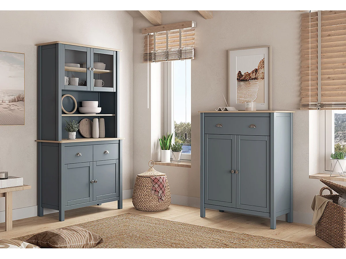 Buffet, meuble de rangement avec 4 portes et 2 tiroirs coloris vert kaki, chêne - Longueur 90 x Profondeur 40 x Hauteur 180,50 cm