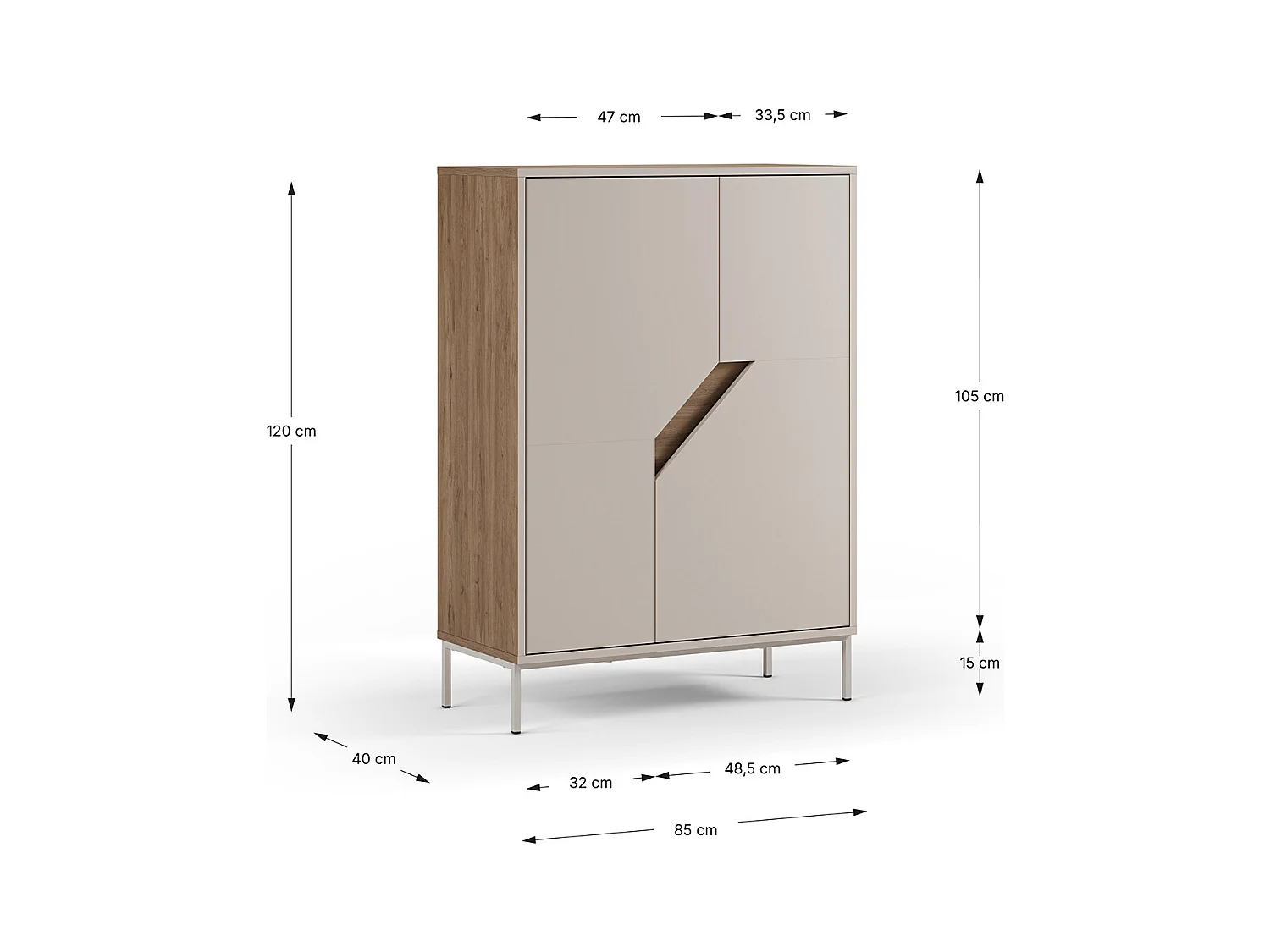 Buffet, meuble de rangement avec 2 portes aspect bois coloris chêne, crème - Longueur 85 x Profondeur 40 x Hauteur 120 cm