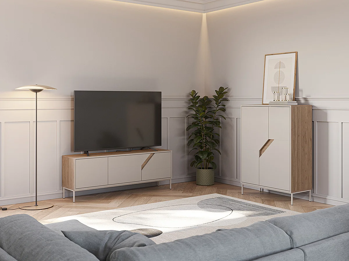 Buffet, meuble de rangement avec 2 portes aspect bois coloris chêne, crème - Longueur 85 x Profondeur 40 x Hauteur 120 cm