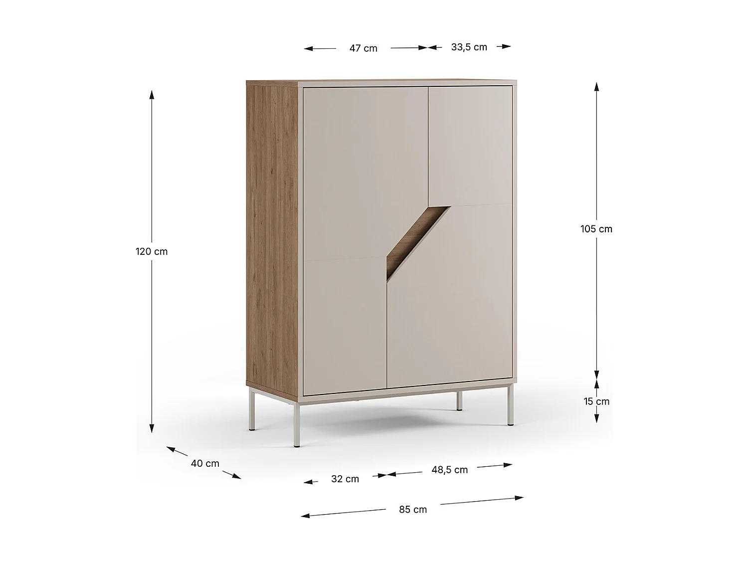 Buffet, meuble de rangement avec 2 portes aspect bois coloris chêne, crème - Longueur 85 x Profondeur 40 x Hauteur 120 cm
