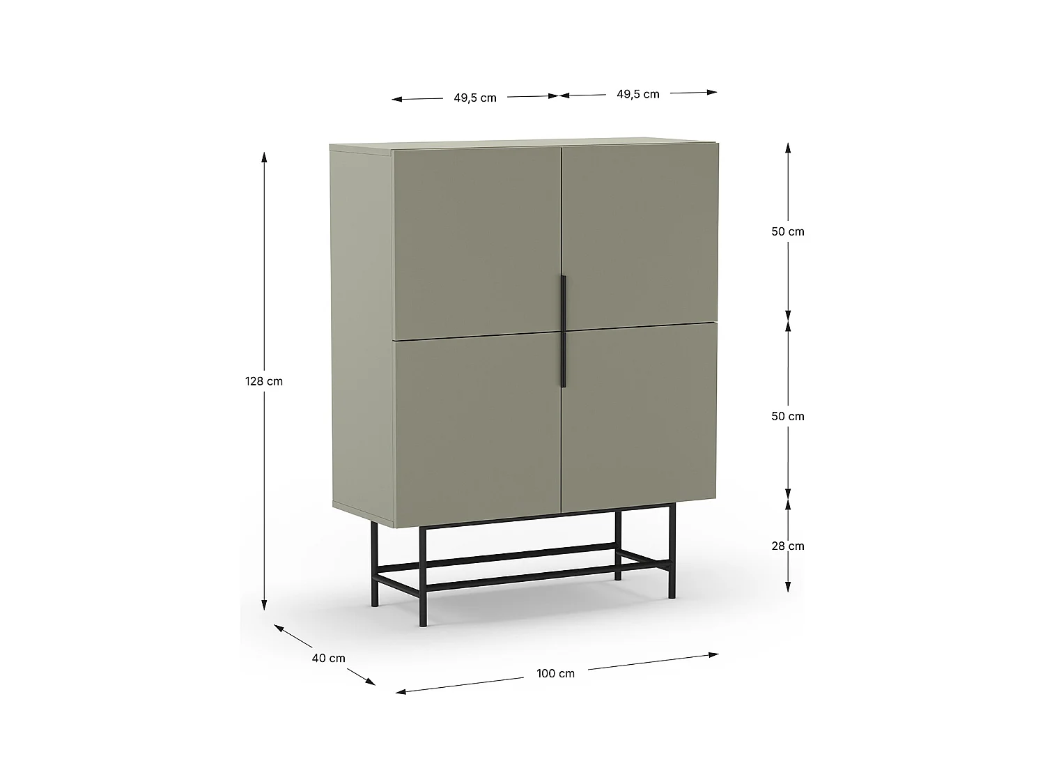 Buffet, meuble de rangement avec 4 portes aspect bois coloris Vert, pieds en métal noir  - Longueur 100 x Profondeur 40 x Hauteur 128 cm