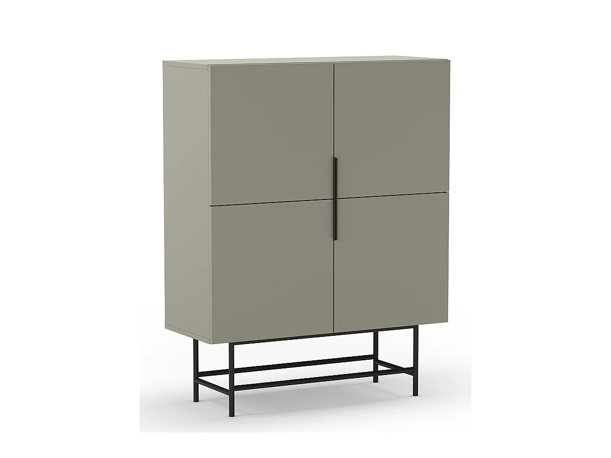 Buffet, meuble de rangement avec 4 portes aspect bois coloris Vert, pieds en métal noir  - Longueur 100 x Profondeur 40 x Hauteur 128 cm