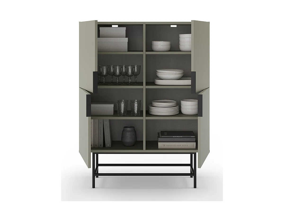 Buffet, meuble de rangement avec 4 portes aspect bois coloris Vert, pieds en métal noir  - Longueur 100 x Profondeur 40 x Hauteur 128 cm