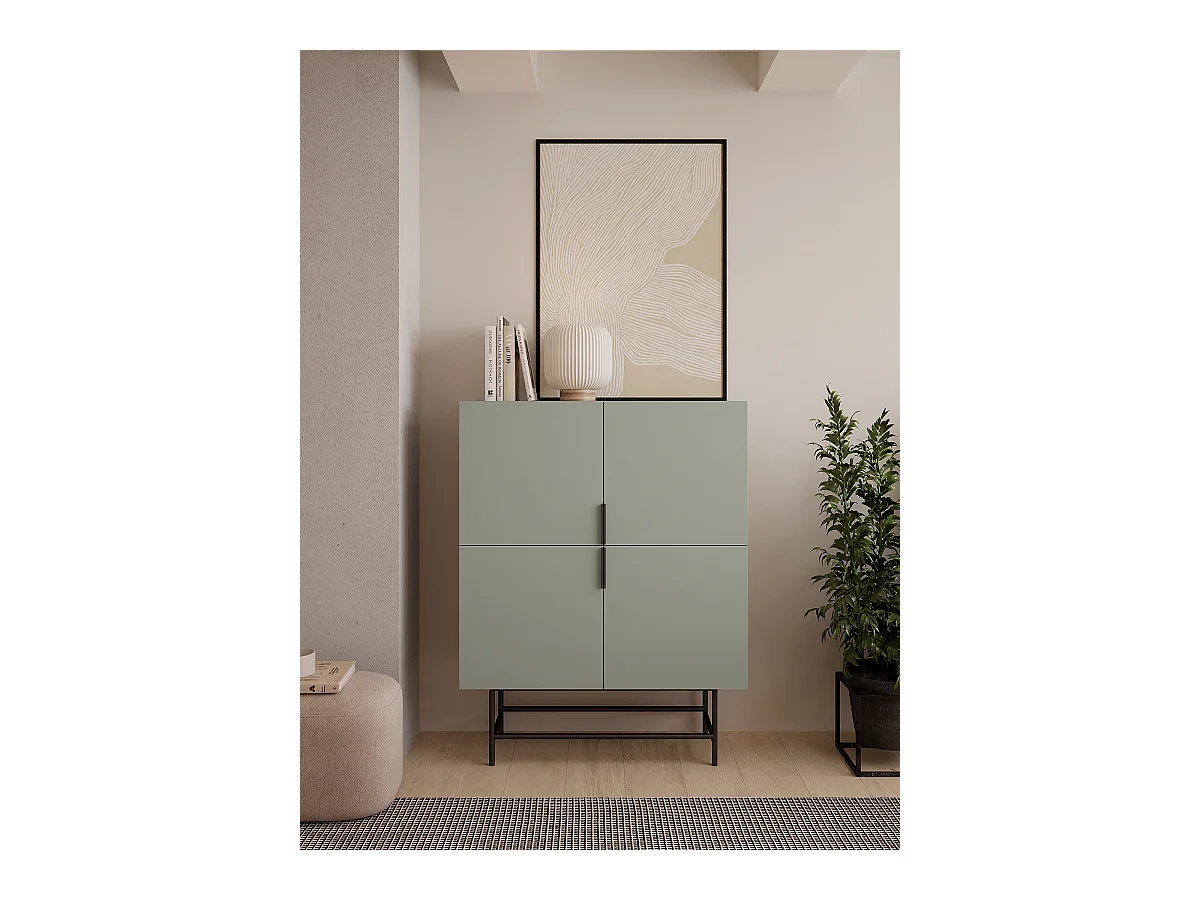 Buffet, meuble de rangement avec 4 portes aspect bois coloris Vert, pieds en métal noir  - Longueur 100 x Profondeur 40 x Hauteur 128 cm