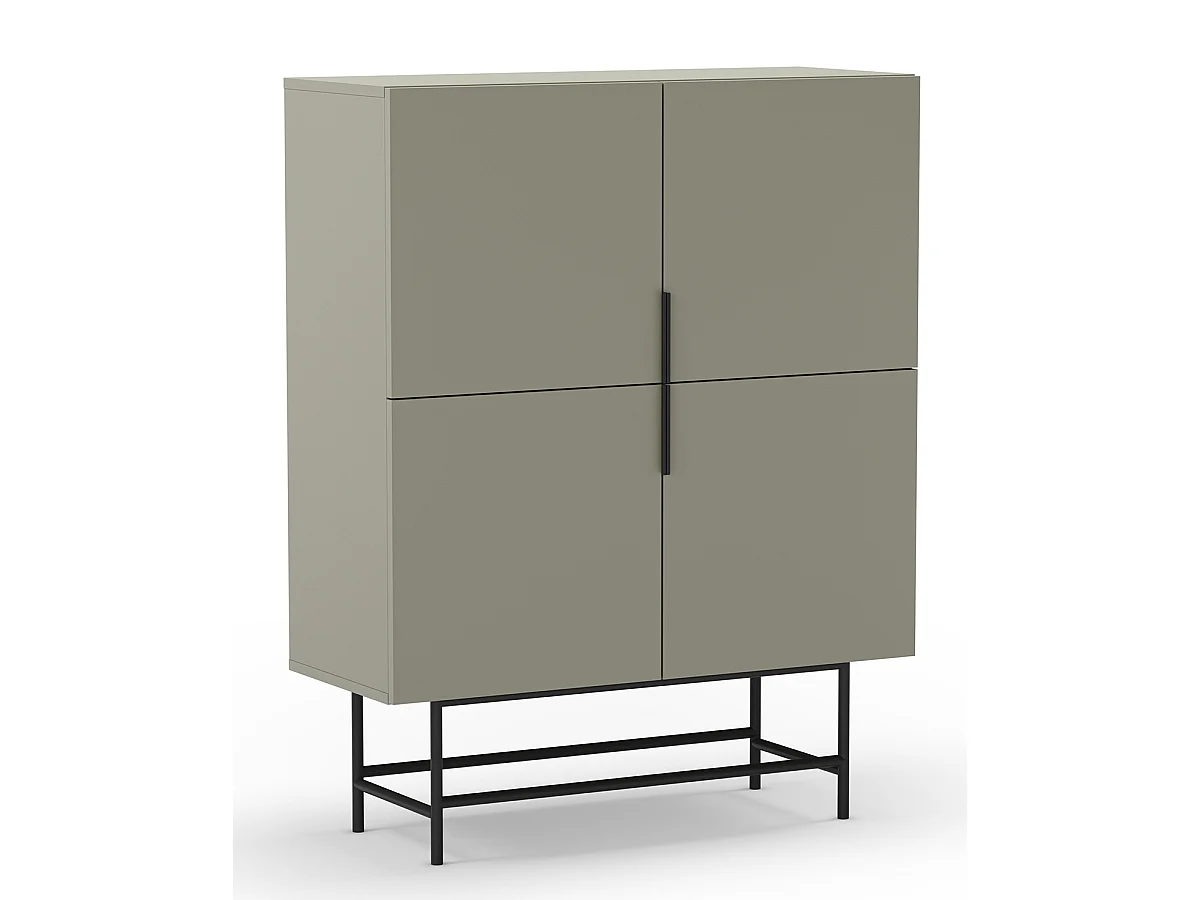 Buffet, meuble de rangement avec 4 portes aspect bois coloris Vert, pieds en métal noir  - Longueur 100 x Profondeur 40 x Hauteur 128 cm