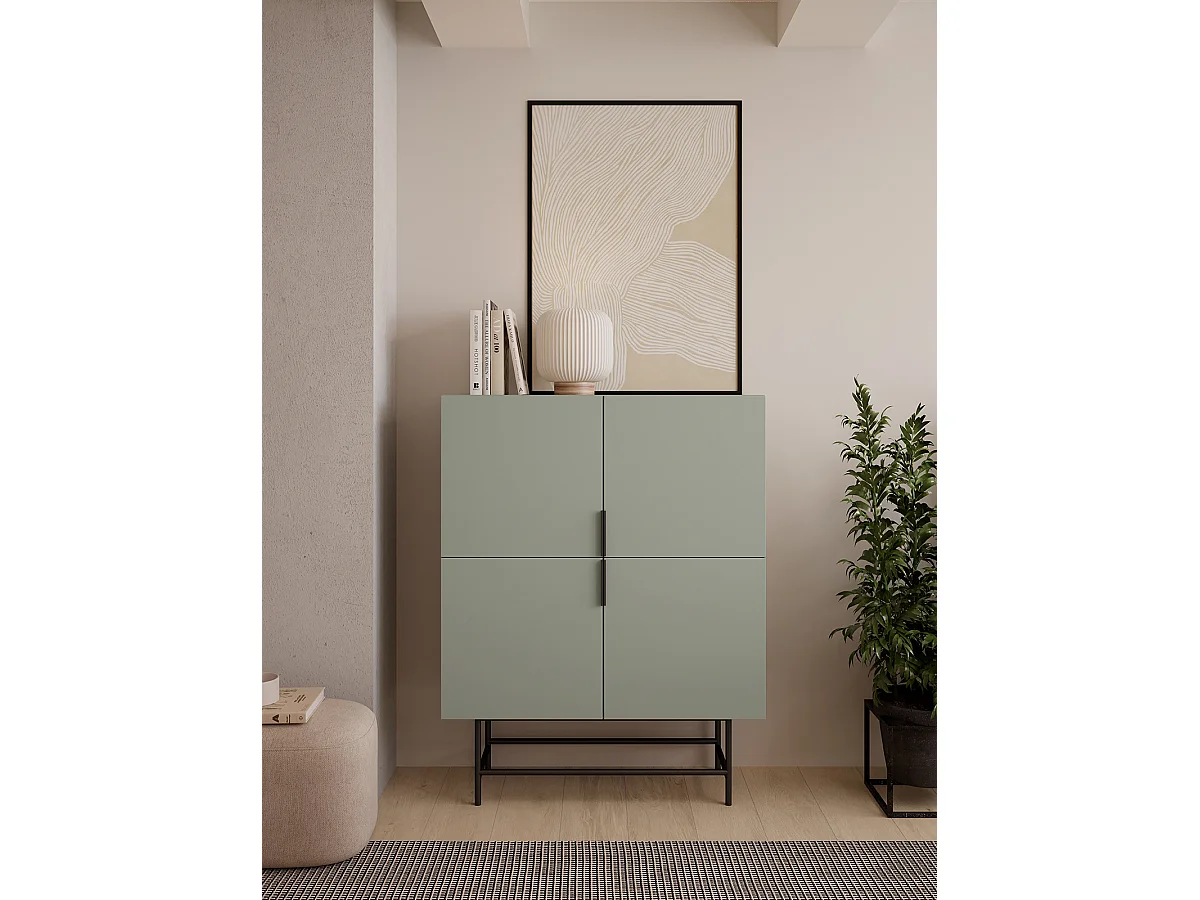 Buffet, meuble de rangement avec 4 portes aspect bois coloris Vert, pieds en métal noir  - Longueur 100 x Profondeur 40 x Hauteur 128 cm