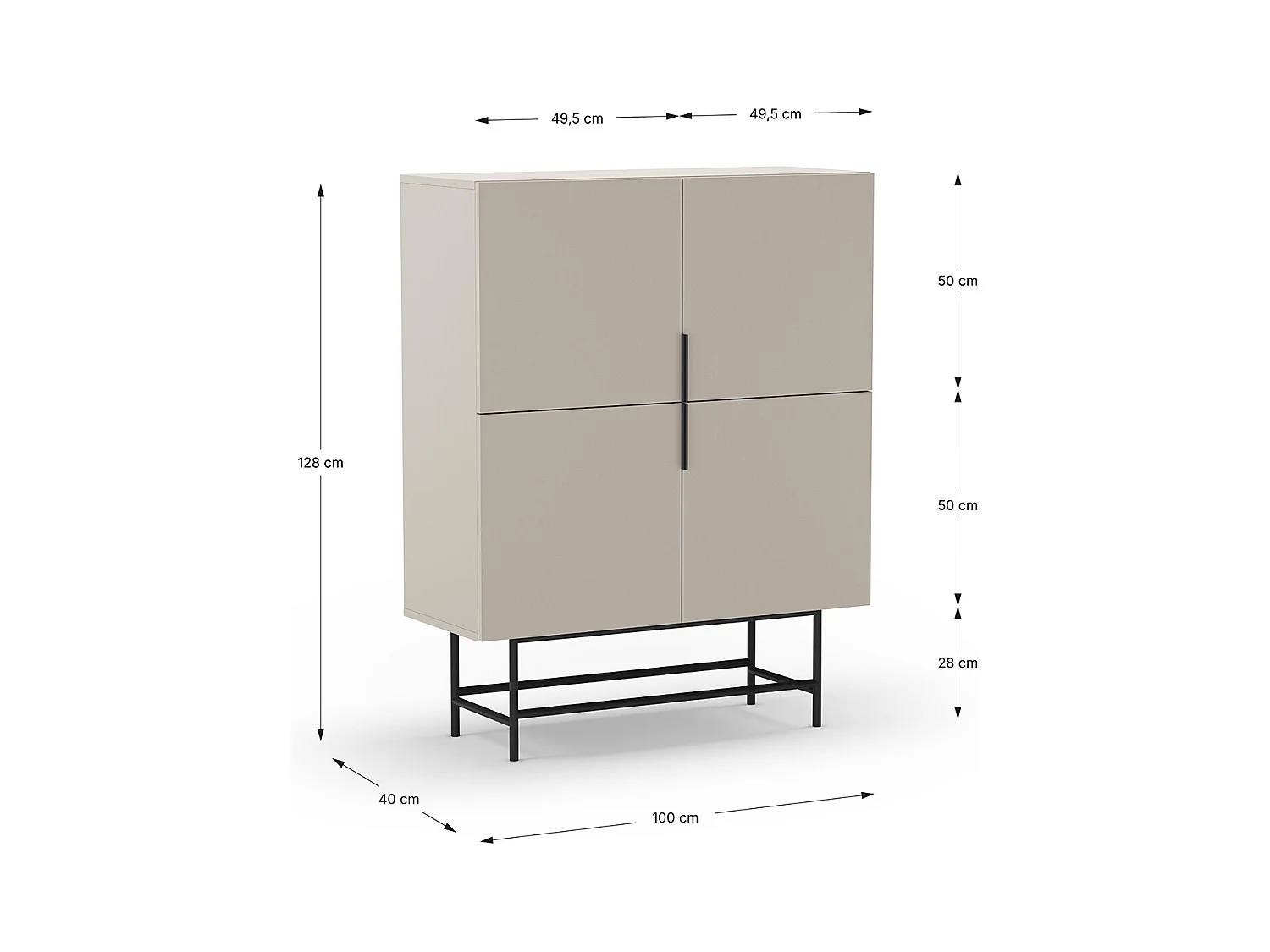 Buffet, meuble de rangement aspect bois coloris crème et pieds en métal noir - Longueur 100 x Profondeur 40 x Hauteur 128 cm