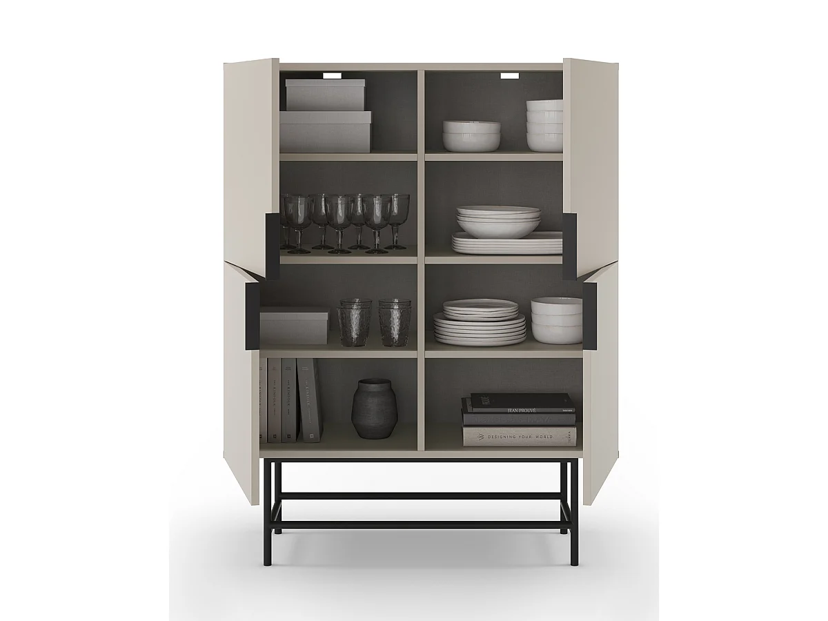 Buffet, meuble de rangement aspect bois coloris crème et pieds en métal noir - Longueur 100 x Profondeur 40 x Hauteur 128 cm