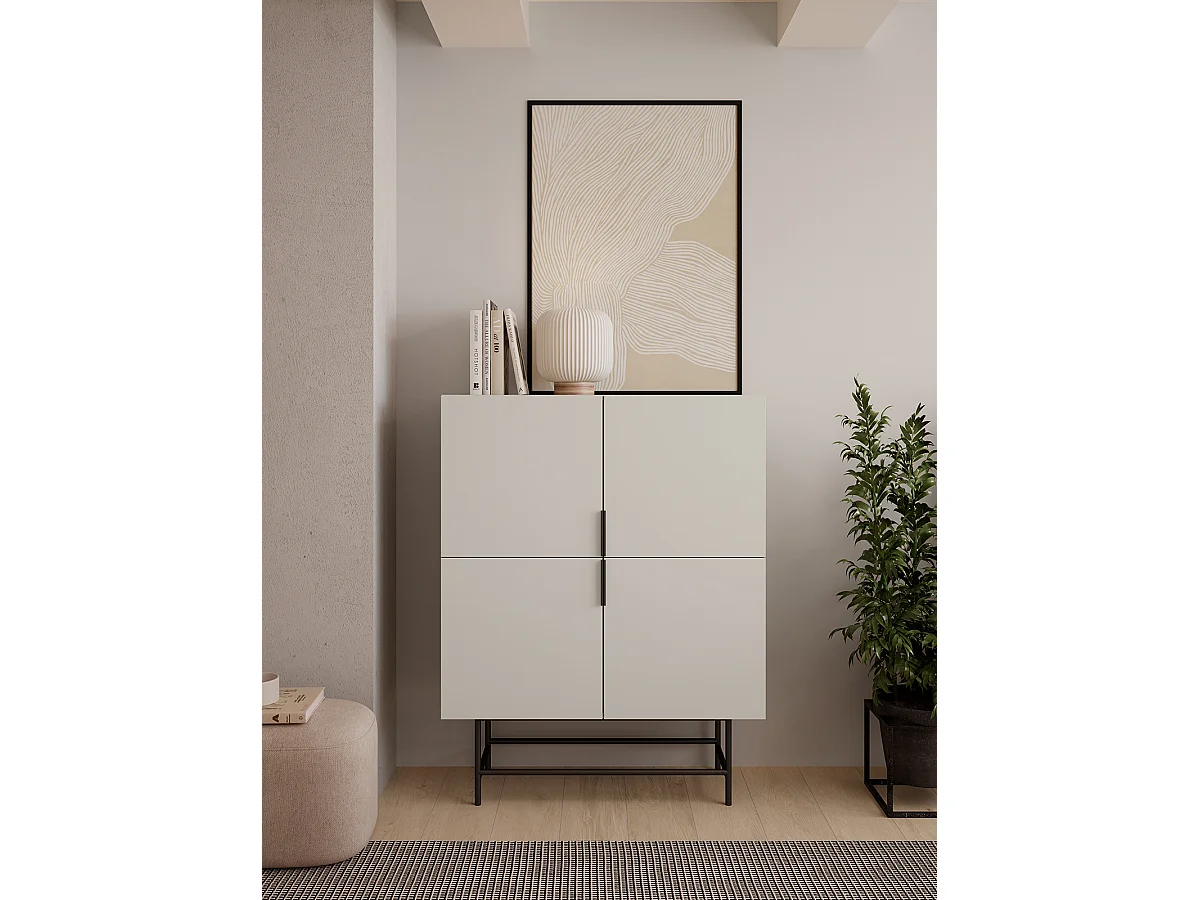 Buffet, meuble de rangement aspect bois coloris crème et pieds en métal noir - Longueur 100 x Profondeur 40 x Hauteur 128 cm