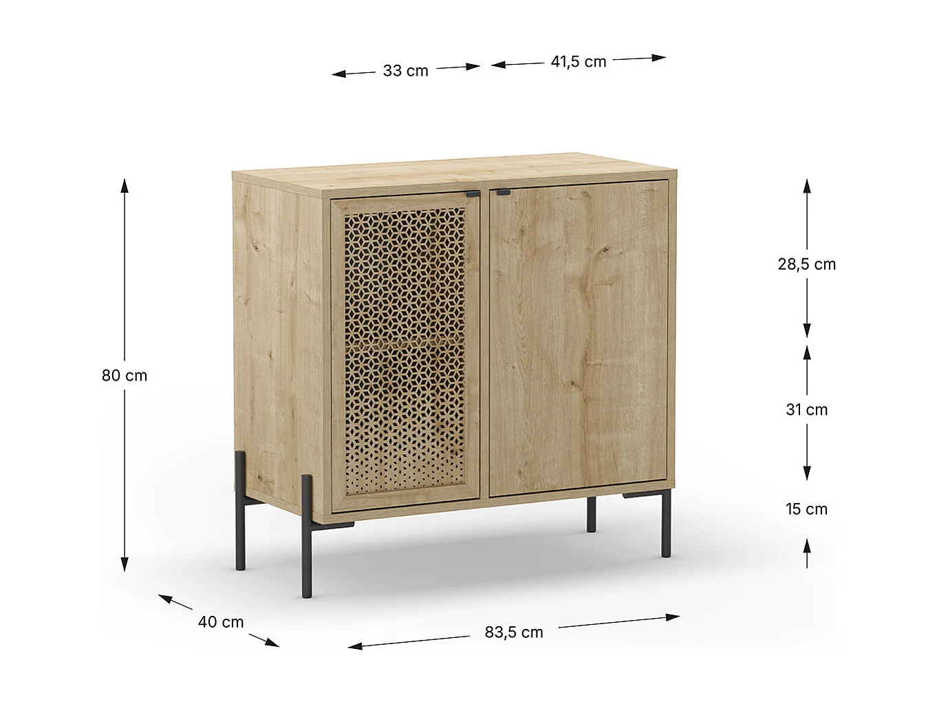 Buffet, commode de rangement aspect bois coloris chêne, et pieds en métal noir - Longueur 83,60 x Profondeur 40 x Hauteur 80,3 cm