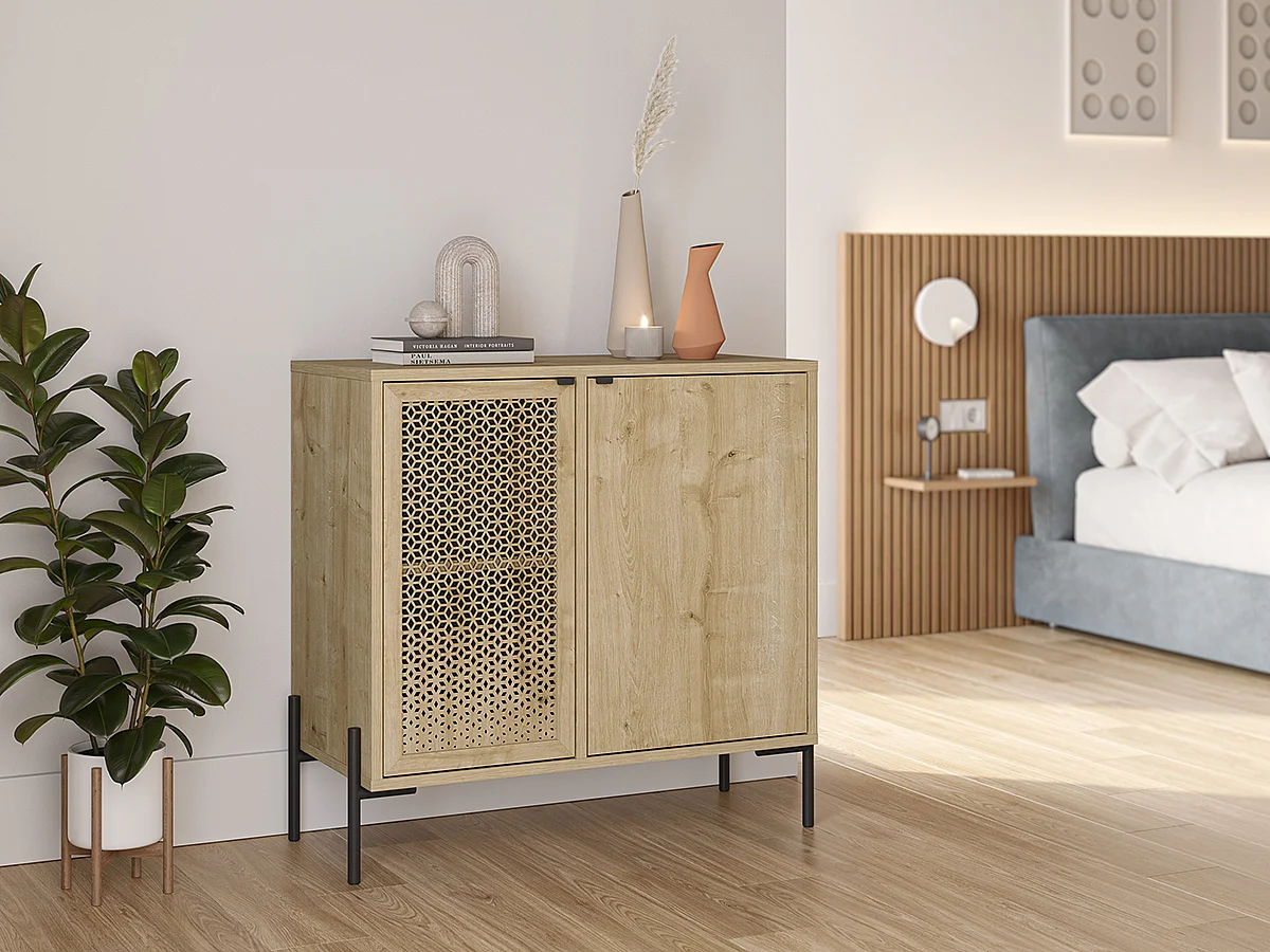 Buffet, commode de rangement aspect bois coloris chêne, et pieds en métal noir - Longueur 83,60 x Profondeur 40 x Hauteur 80,3 cm