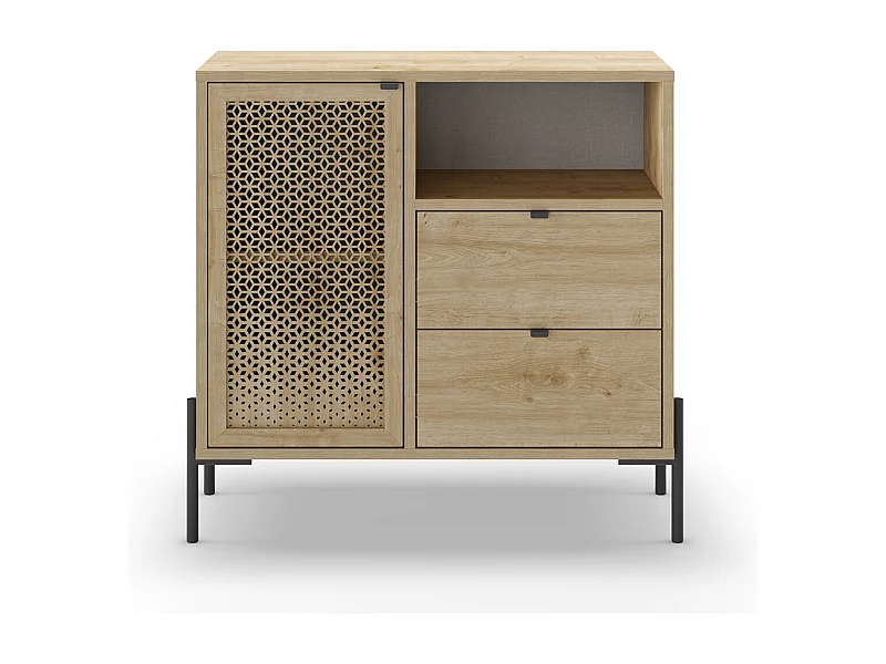 Buffet, meuble de rangement avec 1 porte et 2 tiroirs aspect bois coloris chêne, pieds en métal noir - Longueur 84 x Profondeur 40 x Hauteur 80,50 cm