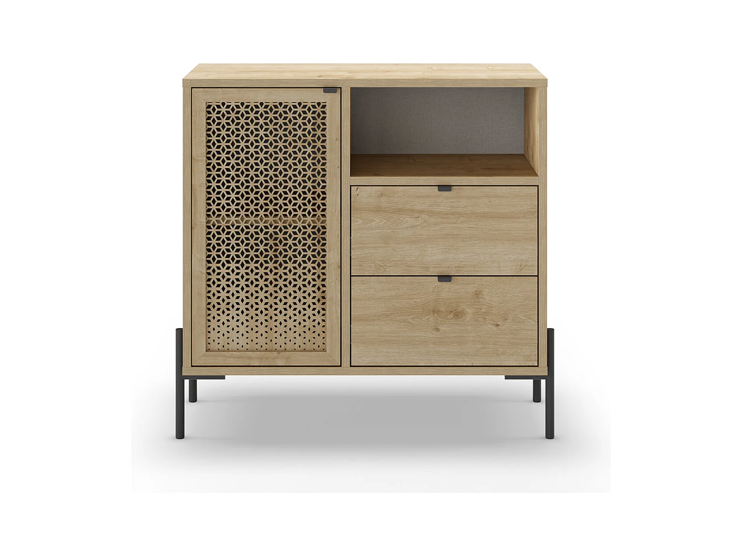 Buffet, meuble de rangement avec 1 porte et 2 tiroirs aspect bois coloris chêne, pieds en métal noir - Longueur 84 x Profondeur 40 x Hauteur 80,50 cm