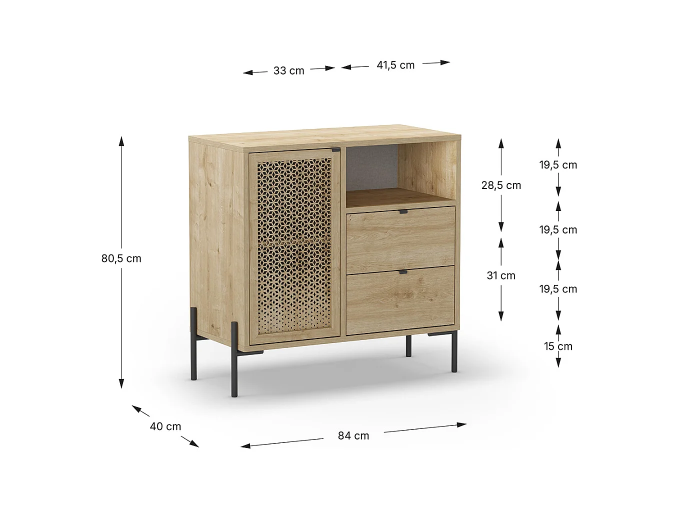 Buffet, meuble de rangement avec 1 porte et 2 tiroirs aspect bois coloris chêne, pieds en métal noir - Longueur 84 x Profondeur 40 x Hauteur 80,50 cm