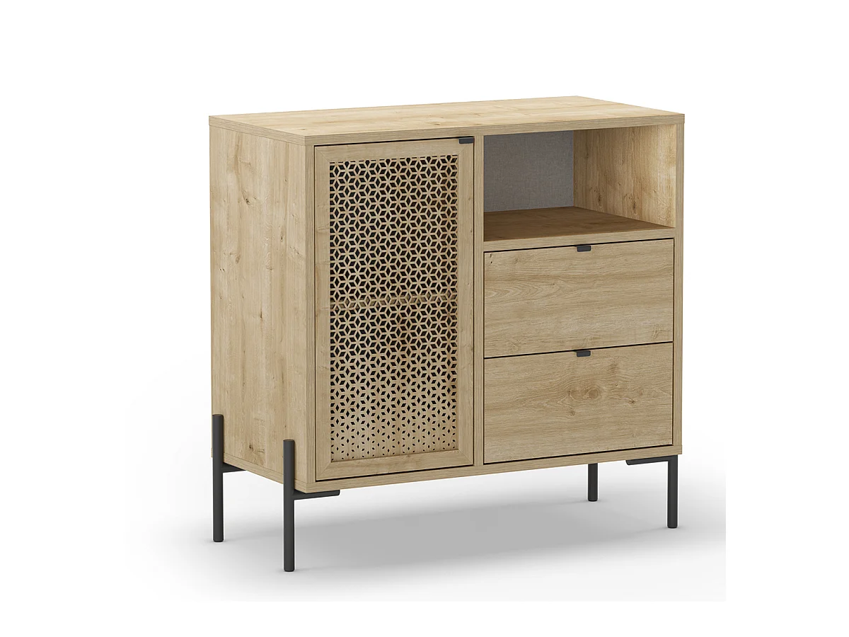 Buffet, meuble de rangement avec 1 porte et 2 tiroirs aspect bois coloris chêne, pieds en métal noir - Longueur 84 x Profondeur 40 x Hauteur 80,50 cm