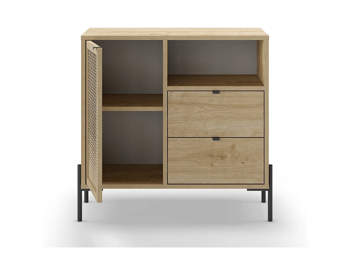 Buffet, meuble de rangement avec 1 porte et 2 tiroirs aspect bois coloris chêne, pieds en métal noir - Longueur 84 x Profondeur 40 x Hauteur 80,50 cm