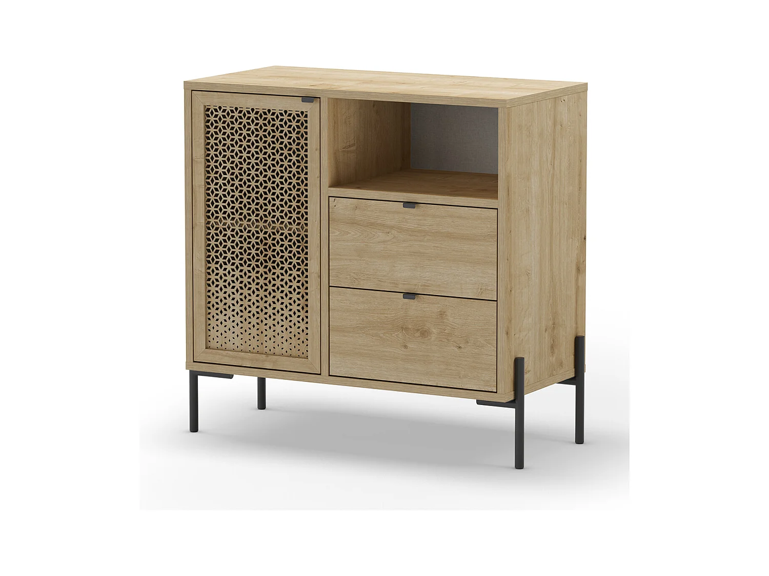 Buffet, meuble de rangement avec 1 porte et 2 tiroirs aspect bois coloris chêne, pieds en métal noir - Longueur 84 x Profondeur 40 x Hauteur 80,50 cm