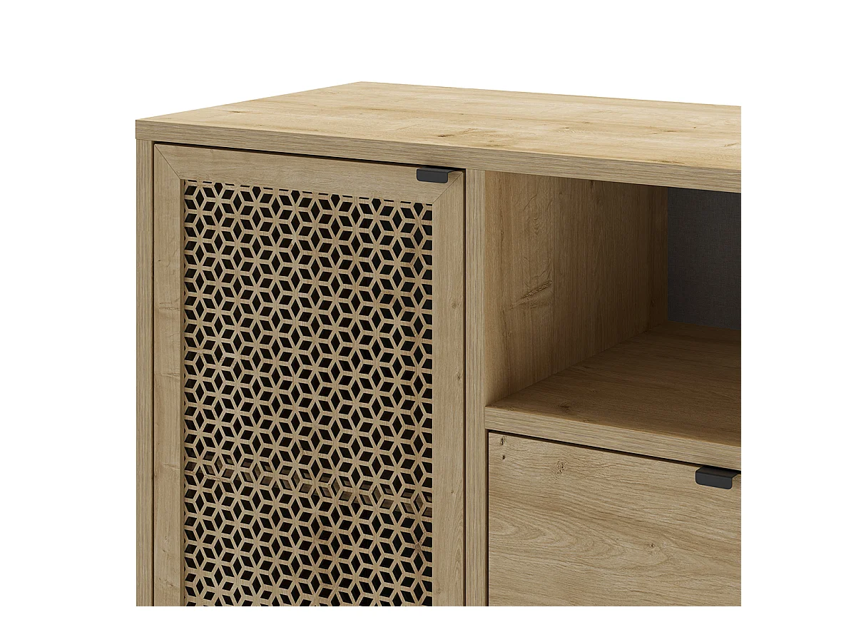 Buffet, meuble de rangement avec 1 porte et 2 tiroirs aspect bois coloris chêne, pieds en métal noir - Longueur 84 x Profondeur 40 x Hauteur 80,50 cm