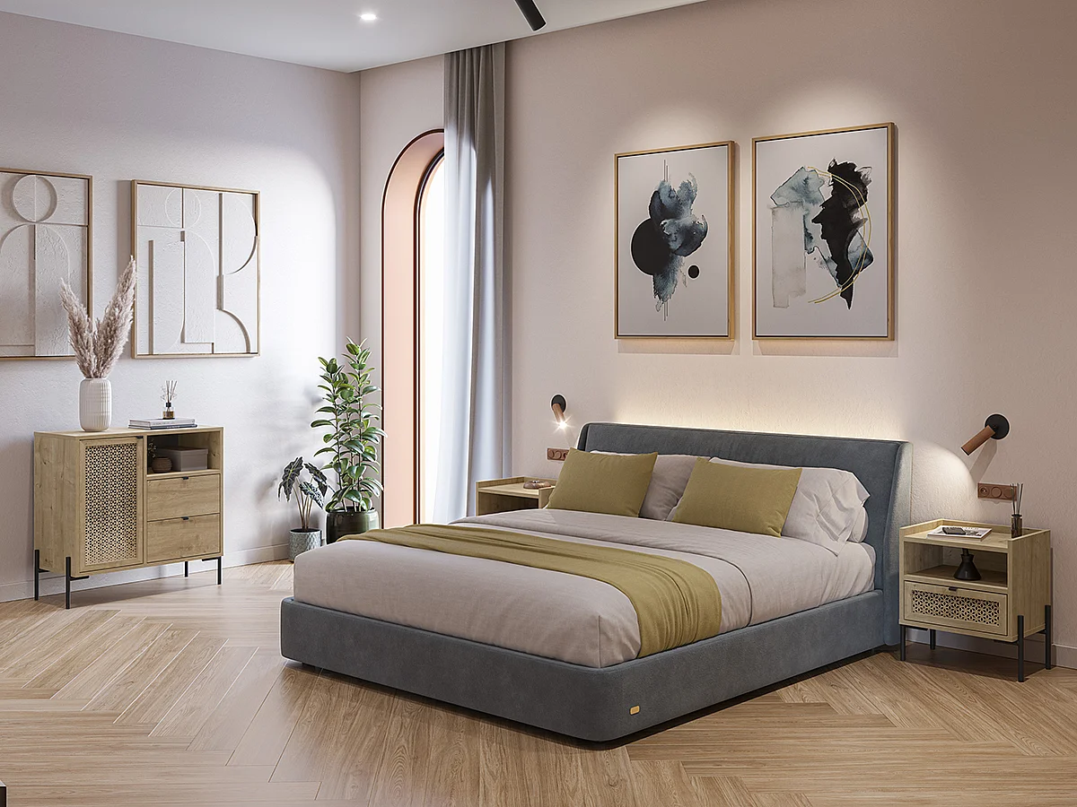 Buffet, meuble de rangement avec 1 porte et 2 tiroirs aspect bois coloris chêne, pieds en métal noir - Longueur 84 x Profondeur 40 x Hauteur 80,50 cm