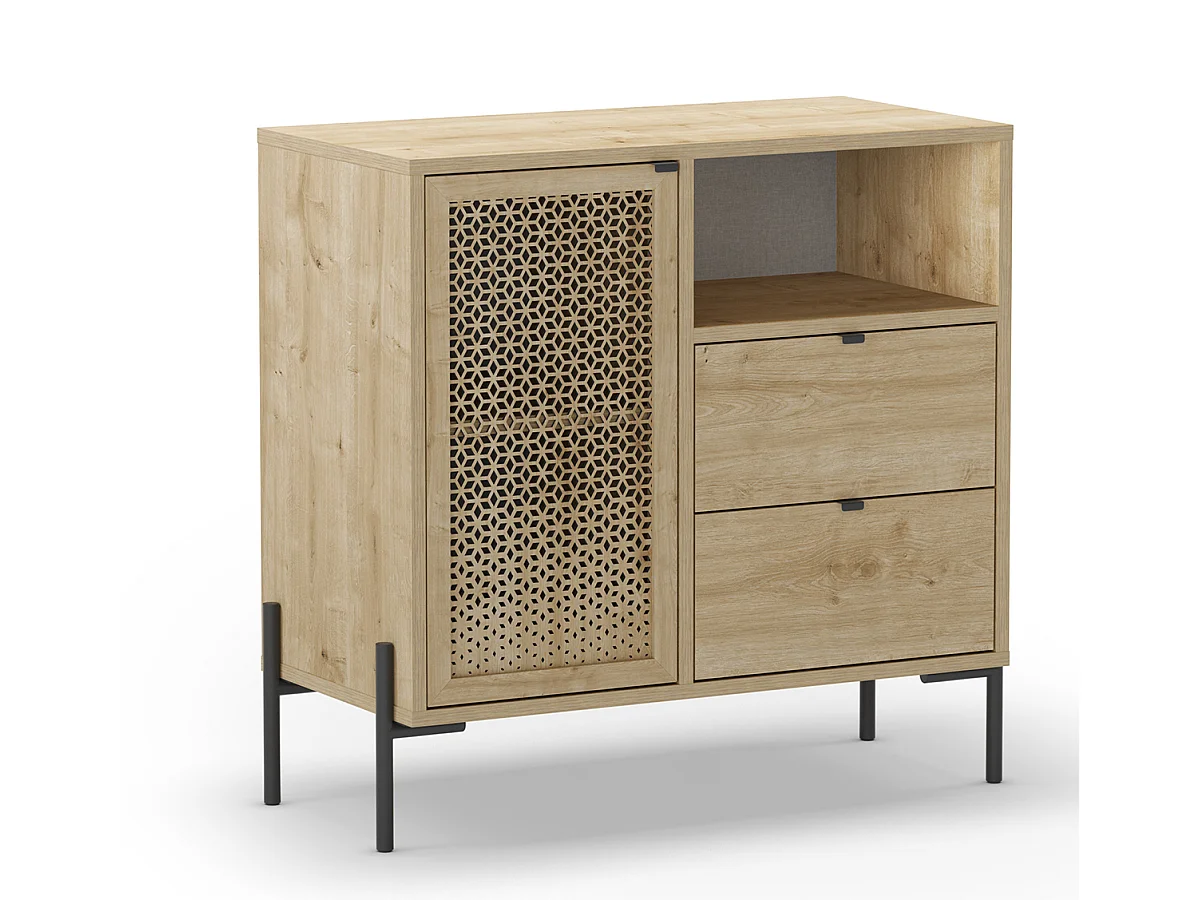 Buffet, meuble de rangement avec 1 porte et 2 tiroirs aspect bois coloris chêne, pieds en métal noir - Longueur 84 x Profondeur 40 x Hauteur 80,50 cm