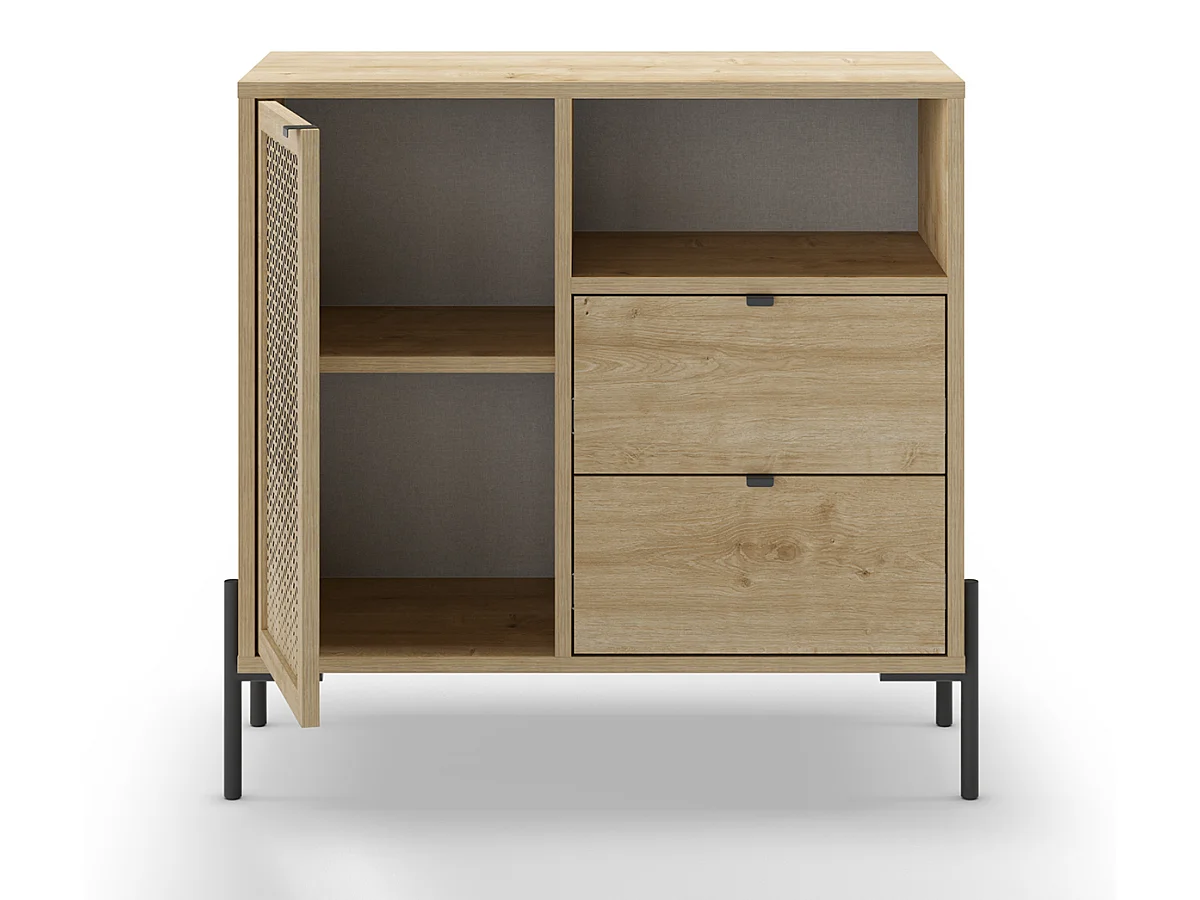 Buffet, meuble de rangement avec 1 porte et 2 tiroirs aspect bois coloris chêne, pieds en métal noir - Longueur 84 x Profondeur 40 x Hauteur 80,50 cm