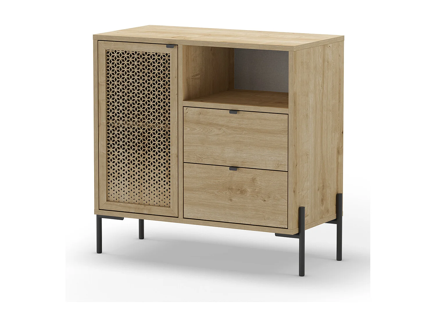 Buffet, meuble de rangement avec 1 porte et 2 tiroirs aspect bois coloris chêne, pieds en métal noir - Longueur 84 x Profondeur 40 x Hauteur 80,50 cm