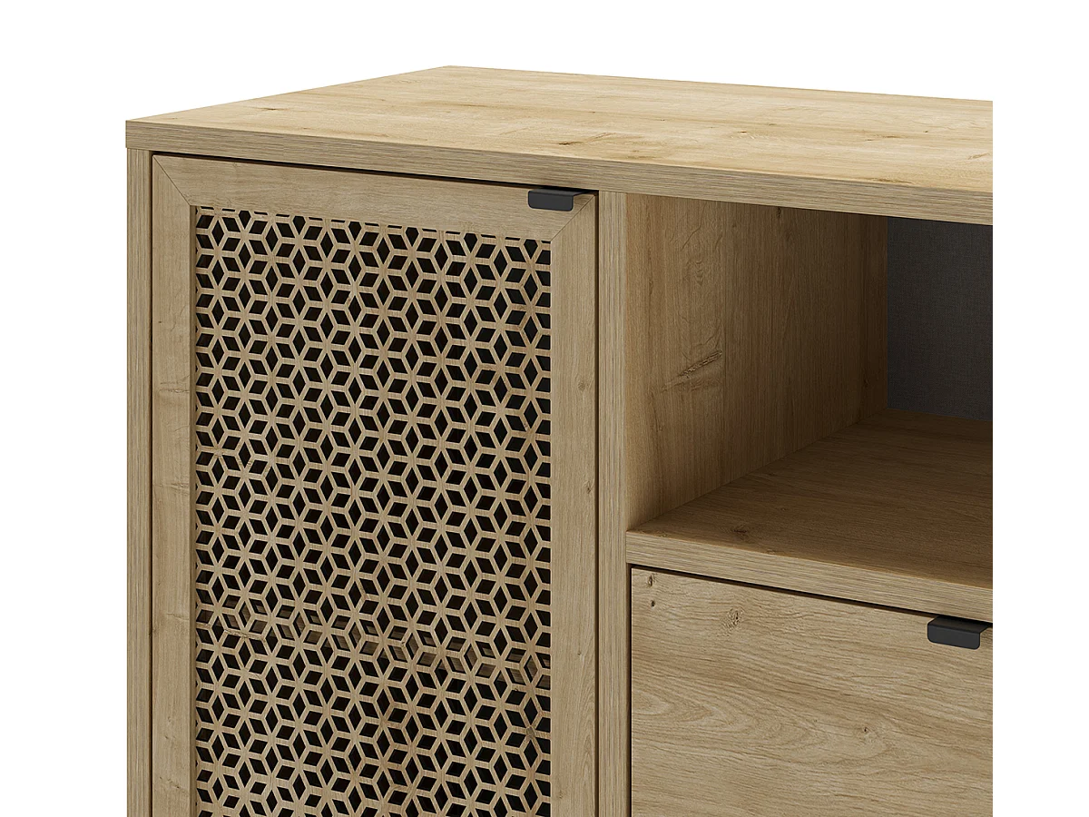 Buffet, meuble de rangement avec 1 porte et 2 tiroirs aspect bois coloris chêne, pieds en métal noir - Longueur 84 x Profondeur 40 x Hauteur 80,50 cm