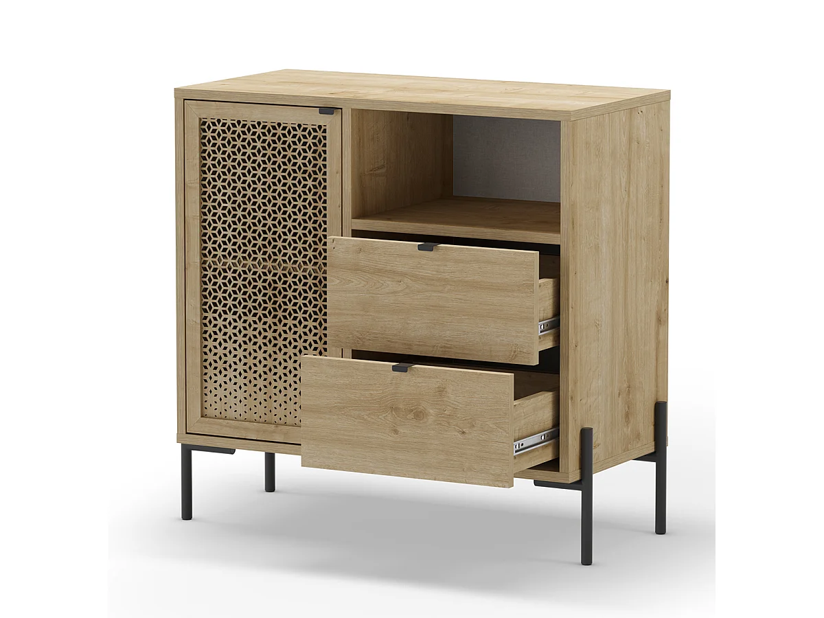 Buffet, meuble de rangement avec 1 porte et 2 tiroirs aspect bois coloris chêne, pieds en métal noir - Longueur 84 x Profondeur 40 x Hauteur 80,50 cm