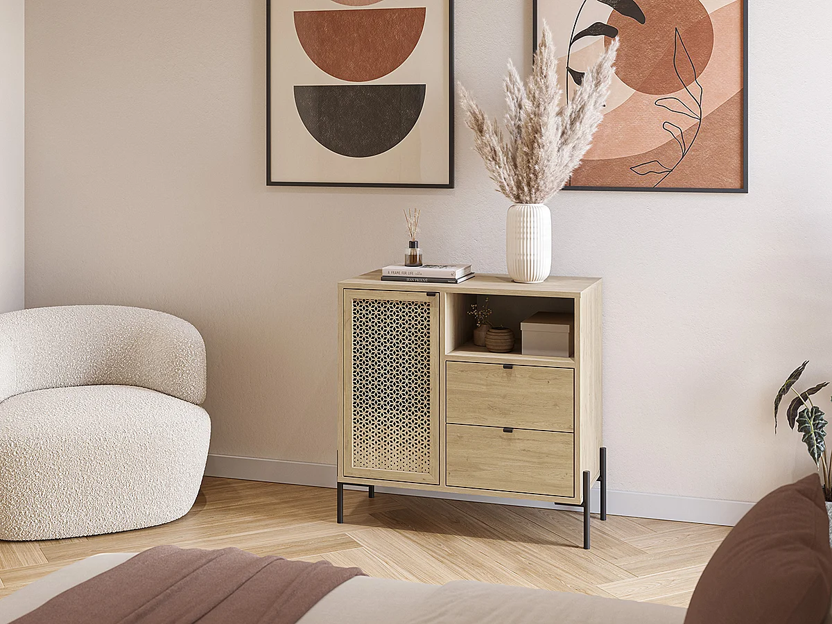 Buffet, meuble de rangement avec 1 porte et 2 tiroirs aspect bois coloris chêne, pieds en métal noir - Longueur 84 x Profondeur 40 x Hauteur 80,50 cm