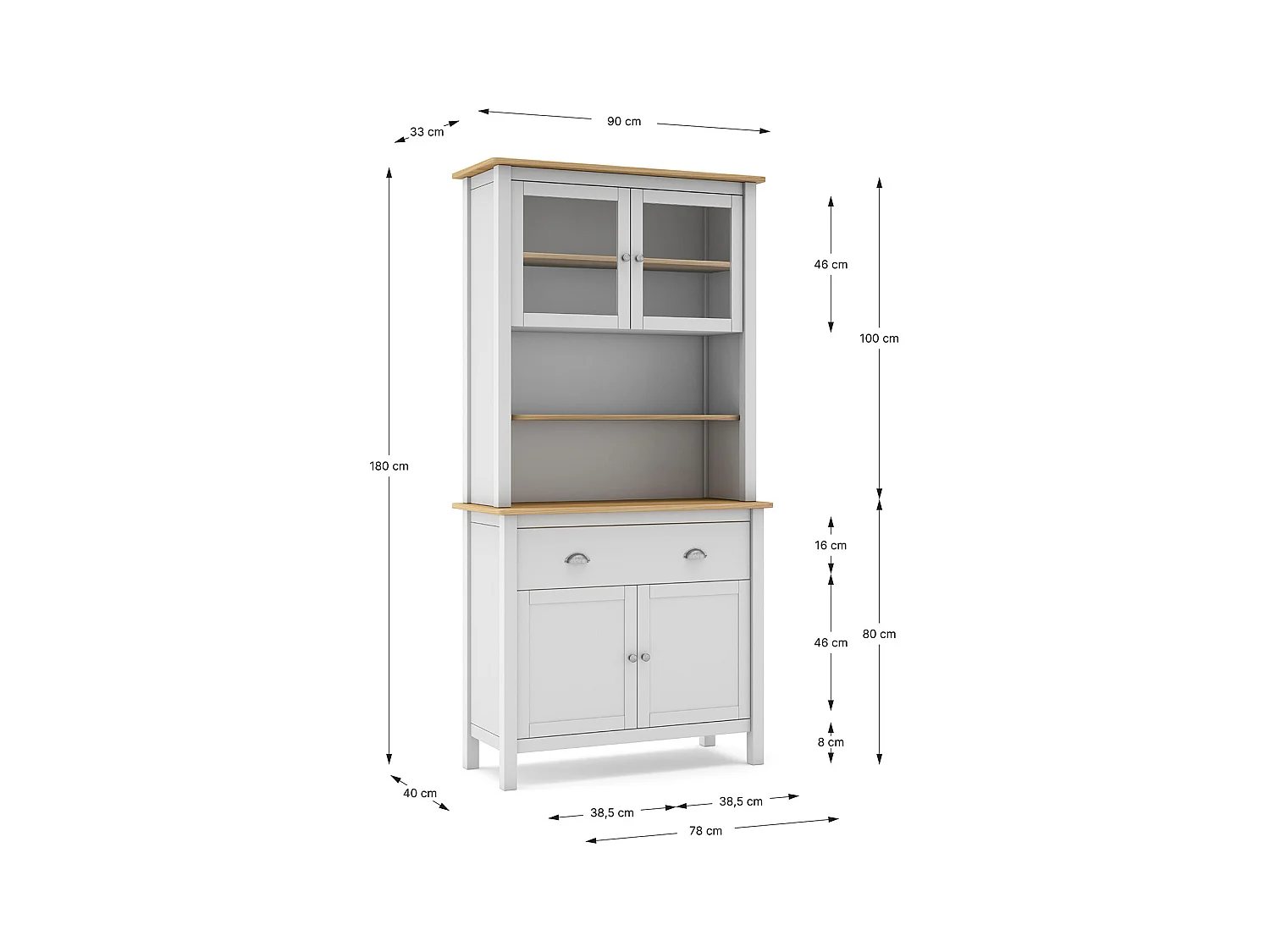Buffet, meuble de rangement avec 4 portes et 2 tiroirs coloris blanc, chêne - Longueur 90 x Profondeur 40 x Hauteur 180,50 cm
