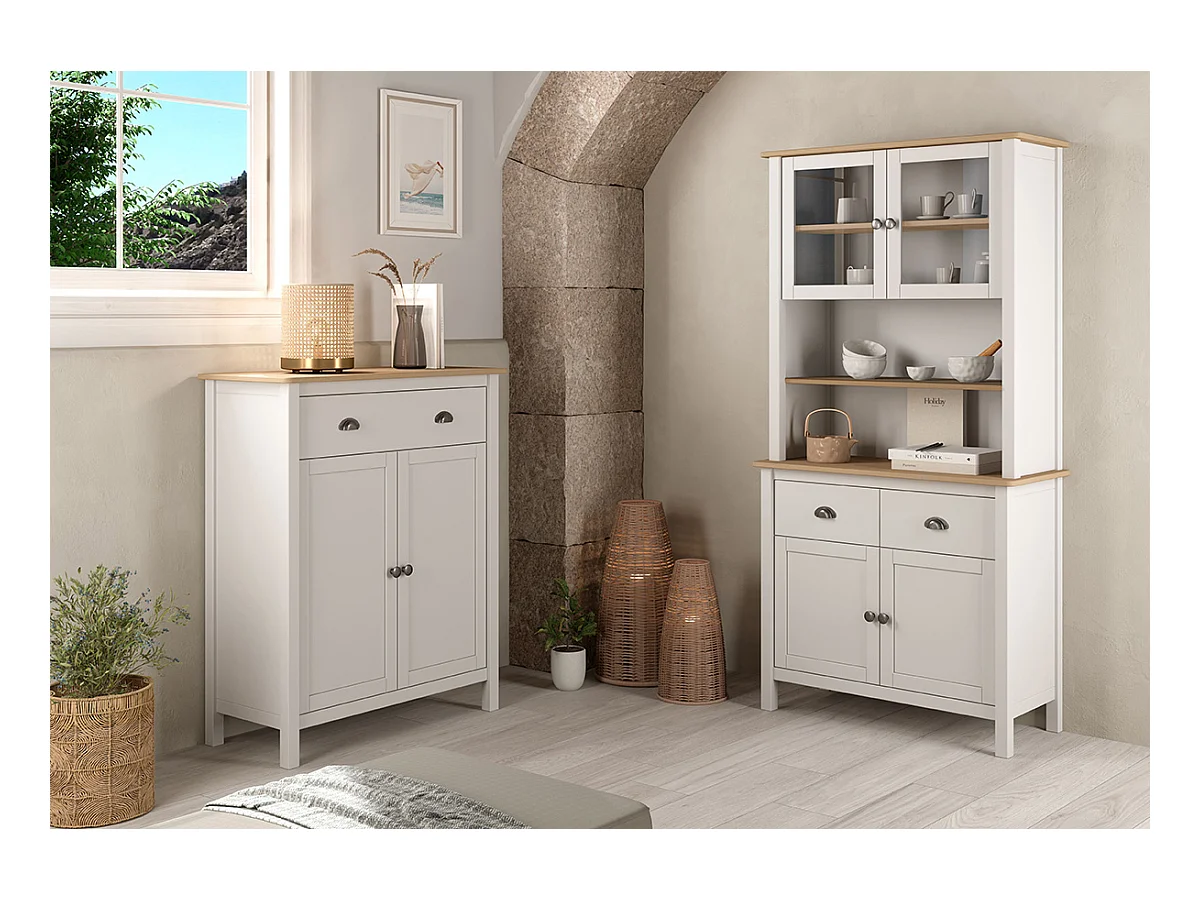 Buffet, meuble de rangement avec 4 portes et 2 tiroirs coloris blanc, chêne - Longueur 90 x Profondeur 40 x Hauteur 180,50 cm