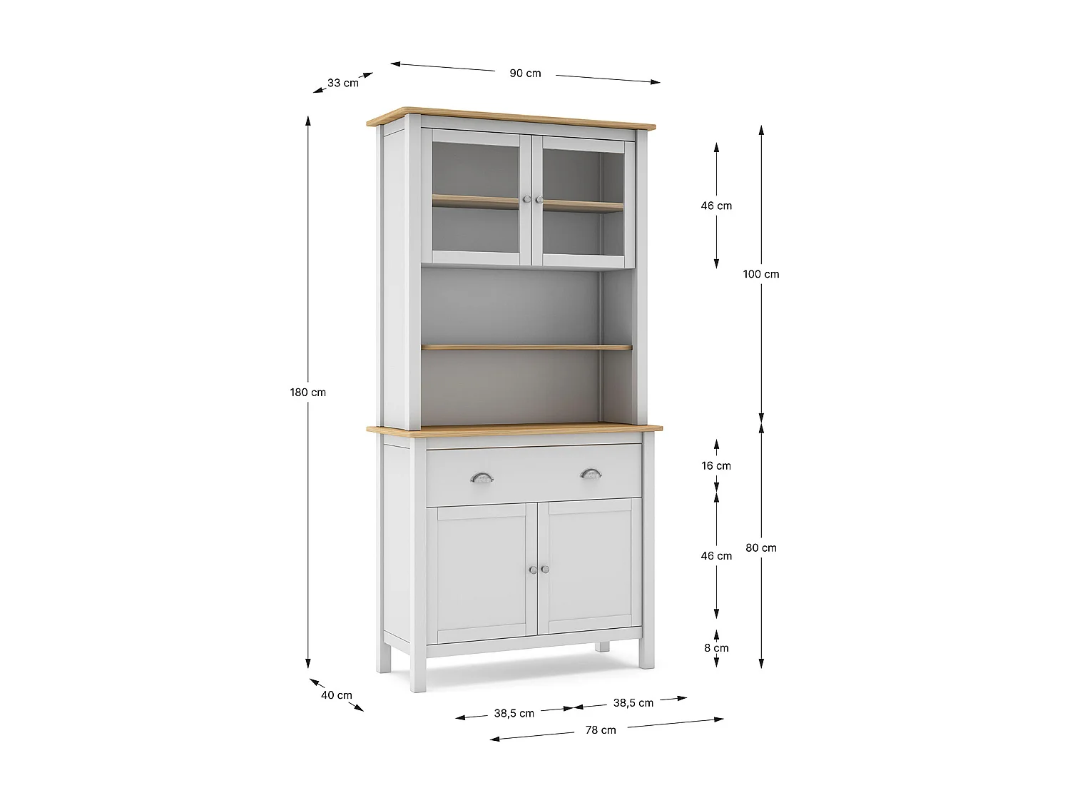 Buffet, meuble de rangement avec 4 portes et 2 tiroirs coloris blanc, chêne - Longueur 90 x Profondeur 40 x Hauteur 180,50 cm