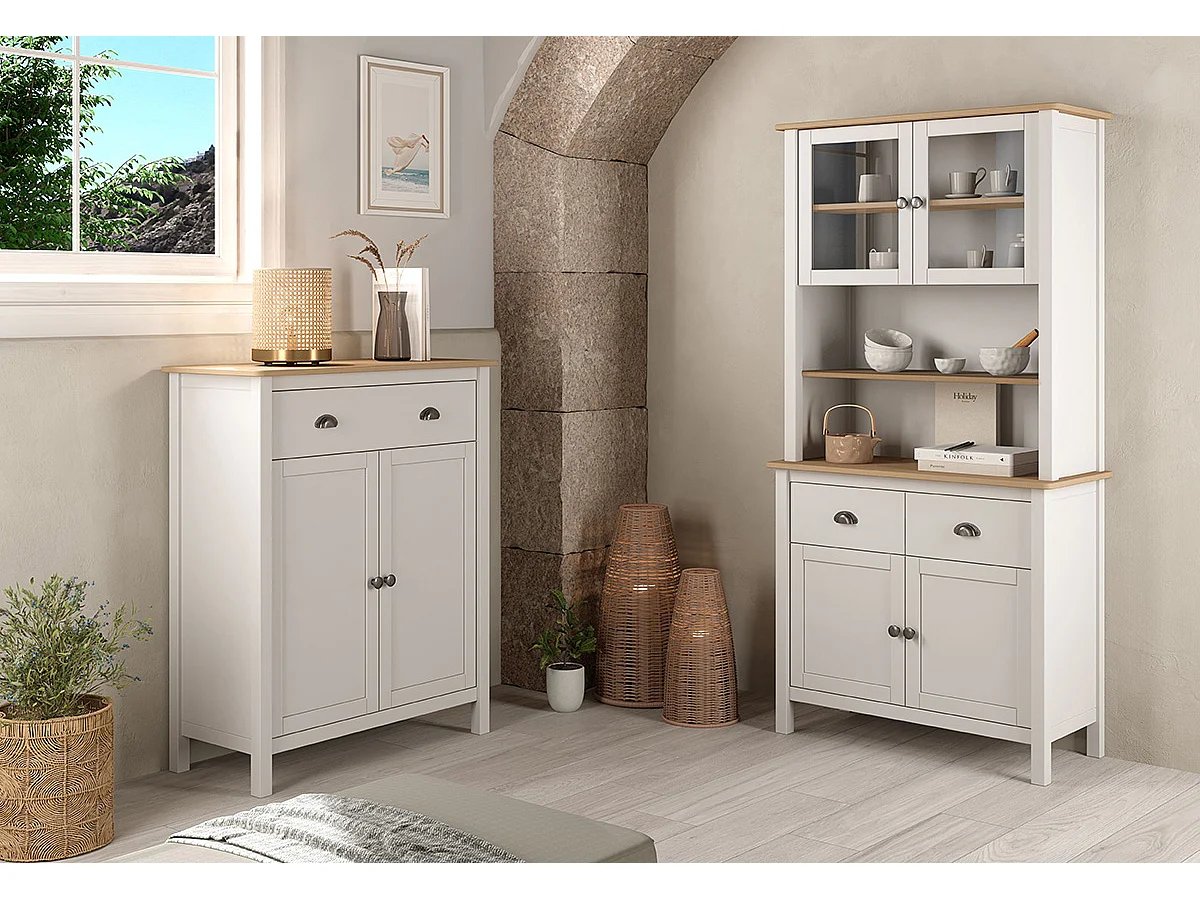 Buffet, meuble de rangement avec 4 portes et 2 tiroirs coloris blanc, chêne - Longueur 90 x Profondeur 40 x Hauteur 180,50 cm