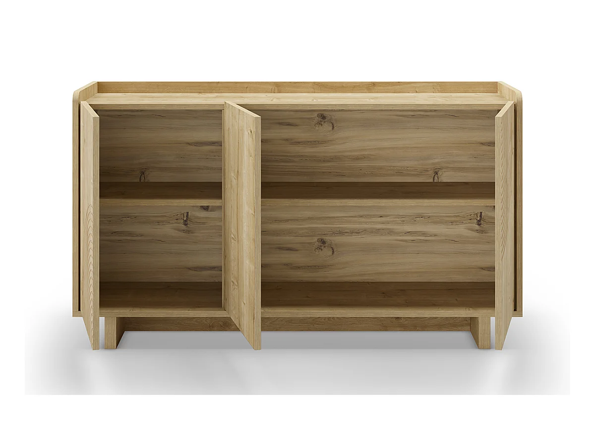 Buffet, commode rectangulaire aspect bois avec 3 portes coloris chêne - Longueur 140 x Profondeur 40 x Hauteur 80 cm