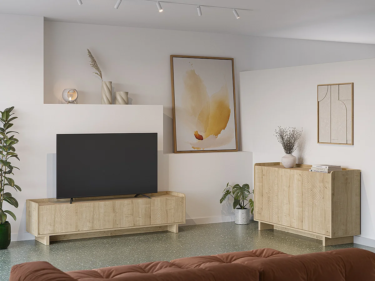 Buffet, commode rectangulaire aspect bois avec 3 portes coloris chêne - Longueur 140 x Profondeur 40 x Hauteur 80 cm