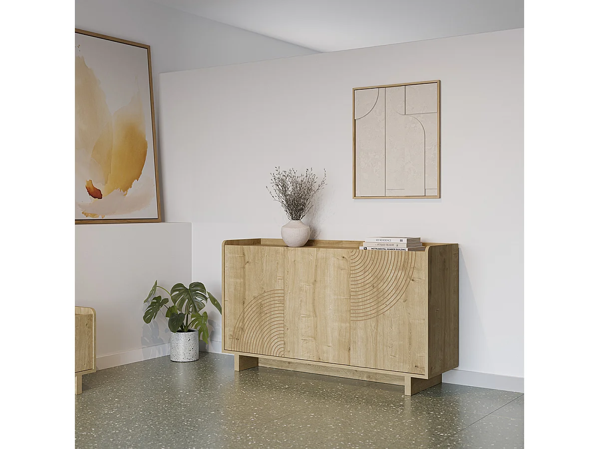 Buffet, commode rectangulaire aspect bois avec 3 portes coloris chêne - Longueur 140 x Profondeur 40 x Hauteur 80 cm