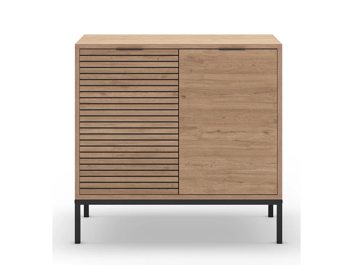 Buffet, meuble de rangement avec 2 portes aspect bois coloris naturel, pieds en métal coloris noir  - Longueur 80 x Profondeur 40 x Hauteur 80 cm