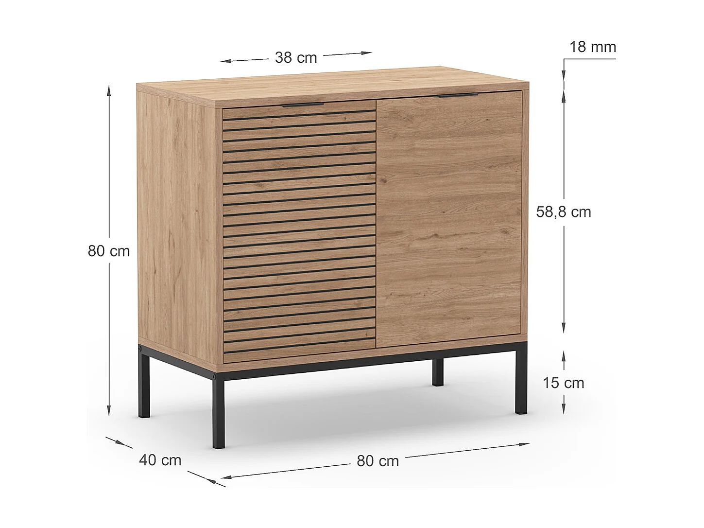 Buffet, meuble de rangement avec 2 portes aspect bois coloris naturel, pieds en métal coloris noir  - Longueur 80 x Profondeur 40 x Hauteur 80 cm