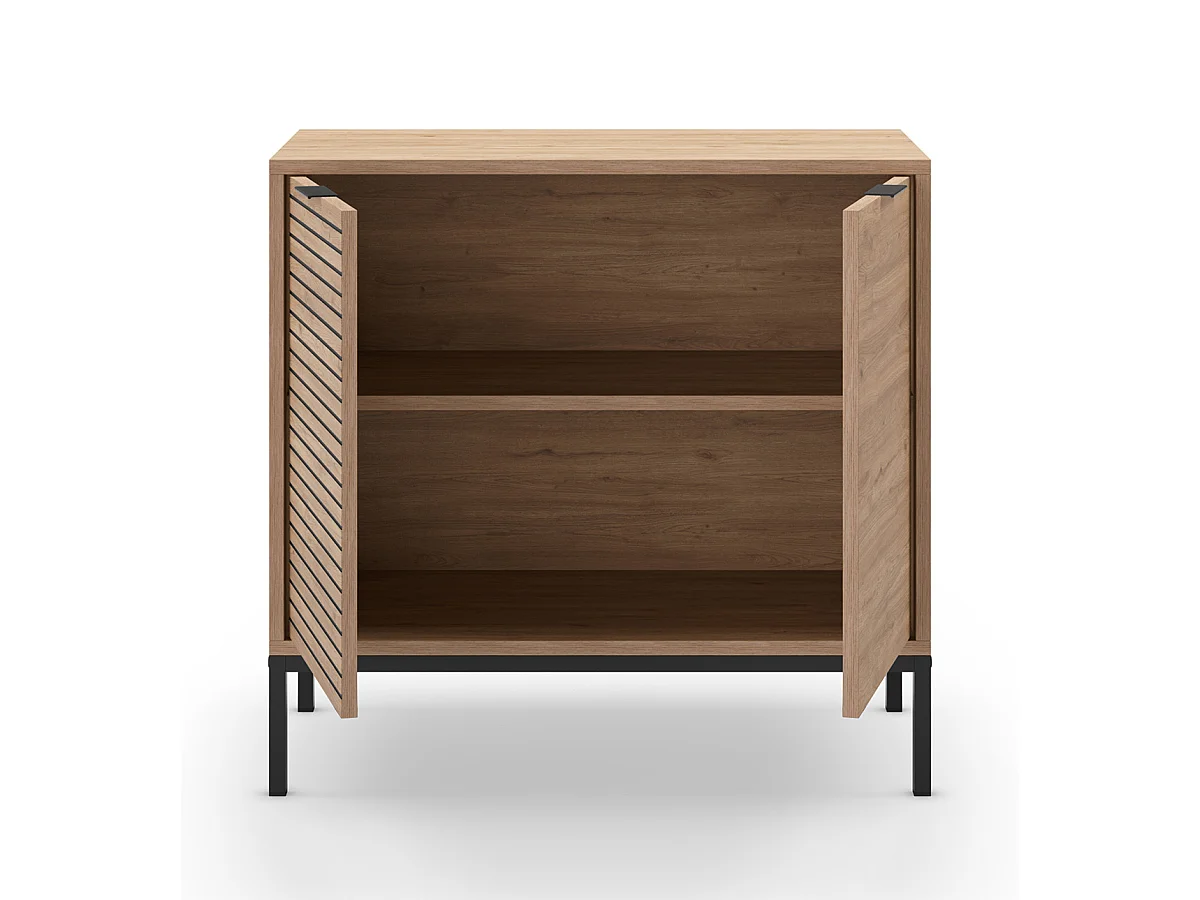 Buffet, meuble de rangement avec 2 portes aspect bois coloris naturel, pieds en métal coloris noir  - Longueur 80 x Profondeur 40 x Hauteur 80 cm