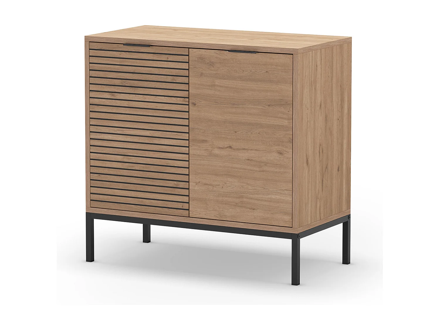 Buffet, meuble de rangement avec 2 portes aspect bois coloris naturel, pieds en métal coloris noir  - Longueur 80 x Profondeur 40 x Hauteur 80 cm