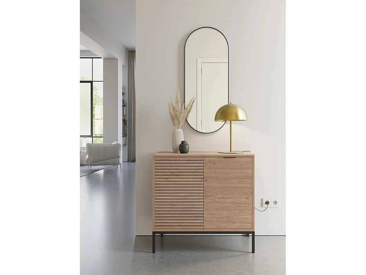 Buffet, meuble de rangement avec 2 portes aspect bois coloris naturel, pieds en métal coloris noir  - Longueur 80 x Profondeur 40 x Hauteur 80 cm
