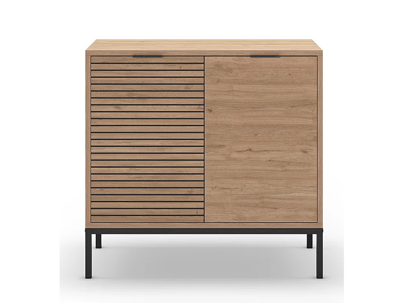 Buffet, meuble de rangement avec 2 portes aspect bois coloris naturel, pieds en métal coloris noir  - Longueur 80 x Profondeur 40 x Hauteur 80 cm